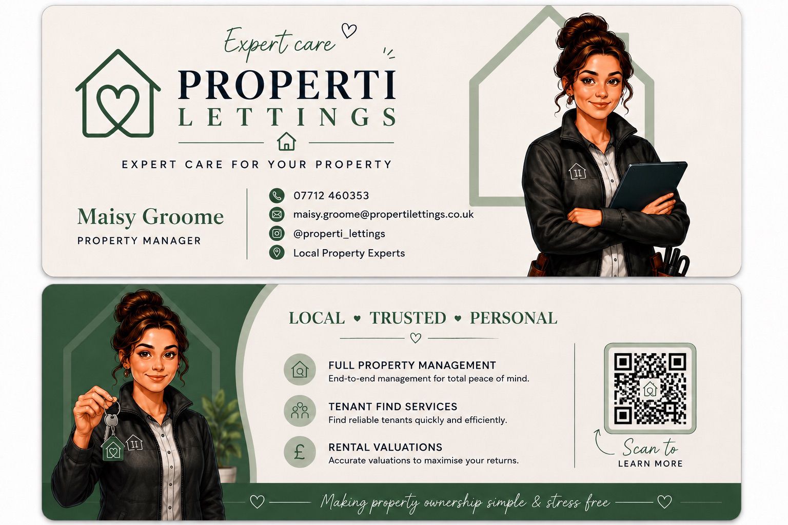 Properti Lettings social card with Maisy Groome and service details